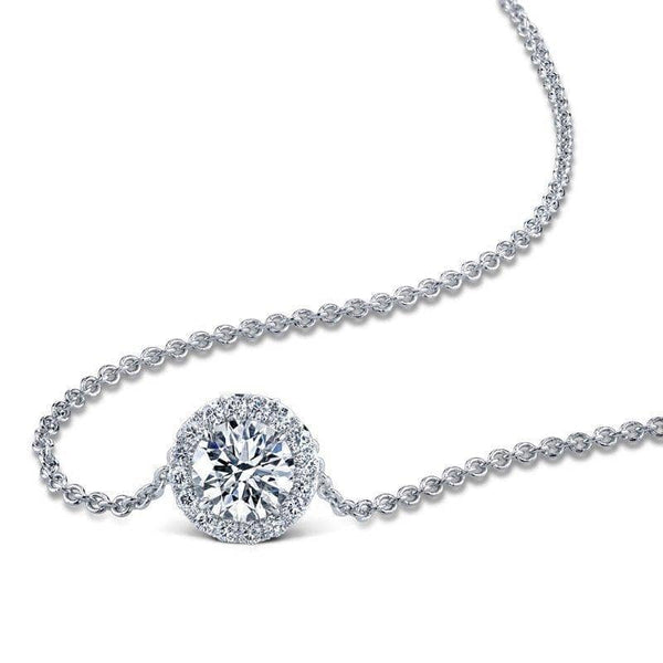Hand crafted necklace featuring a 1.00 carat round brilliant cut center with .20 carats total weight in accent diamonds set in platinum.