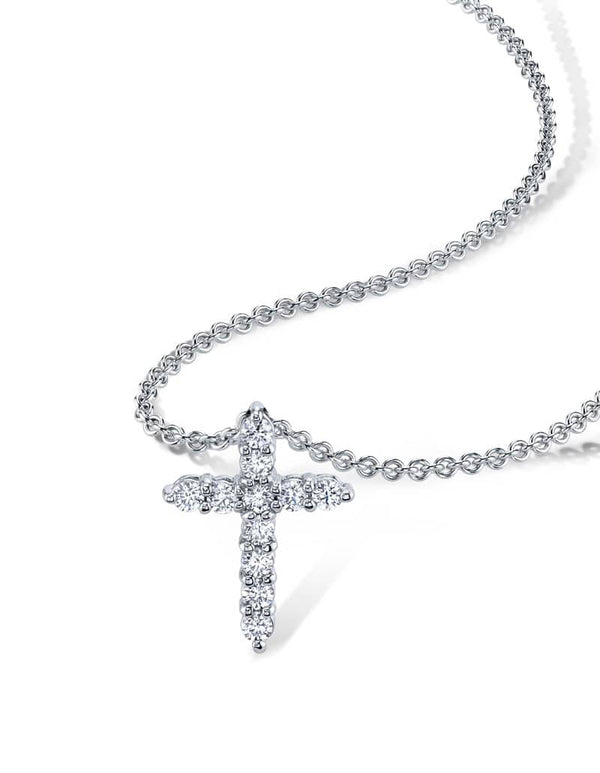 Custom made diamond cross featuring .46 carats total weight in diamonds in a platinum setting with a 1.5mm round cable chain adjustable from 16-18