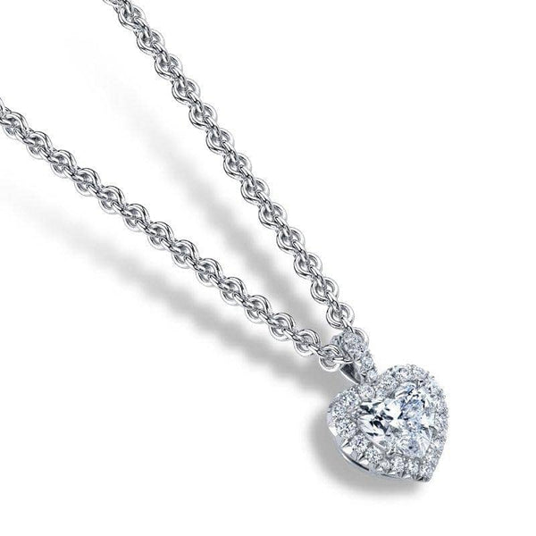 Hand crafted necklace featuring a .80 carat heart shaped diamond center with .20 carats total weight in round brilliant cut accent diamonds set in platinum with a 1.5mm round cable chain with lobster clasp adjustable from 16