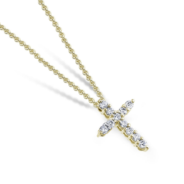 Custom made cross necklace featuring .45 carats total weight in round brilliant cut diamonds set in 18k yellow gold with a 1.8mm round cable chain adjustable from 16