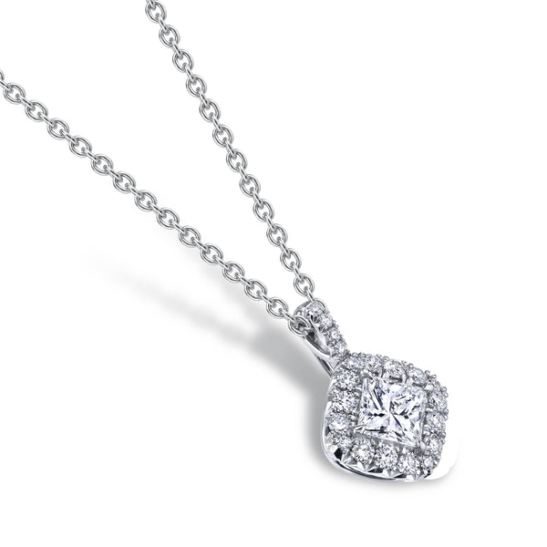 Custom made necklace featuring a 1.01 carat center princess cut diamond surrounded by .40 carats total weight in round brilliant cut accent diamonds set in platinum.