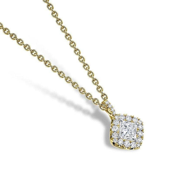 Hand crafted diamond necklace featuring a 1.01 carat princess cut center diamond and .41 carats total weight in round brilliant cut diamond accents set in 18k yellow gold with a 1.6mm round cable chain.