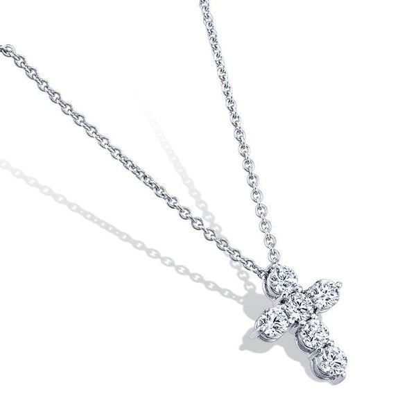 Custom made six diamond cross featuring .96 carats total weight in round brilliant cut diamonds set in platinum with a 1.3mm round adjustable cable chain.
