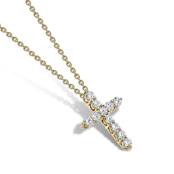 Custom made cross necklace featuring 1.17 carats total weight in round brilliant cut diamonds set in 18k yellow gold with a 1.6mm cable chain adjustable from 16 - 18