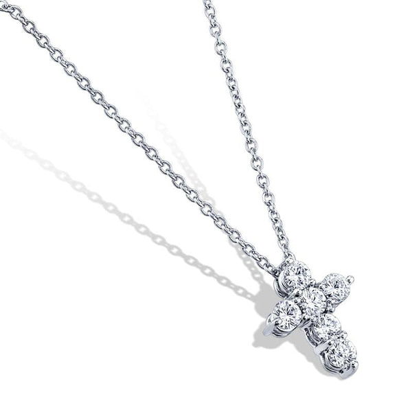 Custom made six diamond cross featuring .61 carats total weight in round brilliant cut diamonds set in platinum with a 1.3mm round adjustable cable chain.
