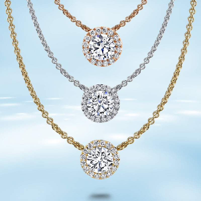 3 diamond necklaces in white, yellow and rose gold.