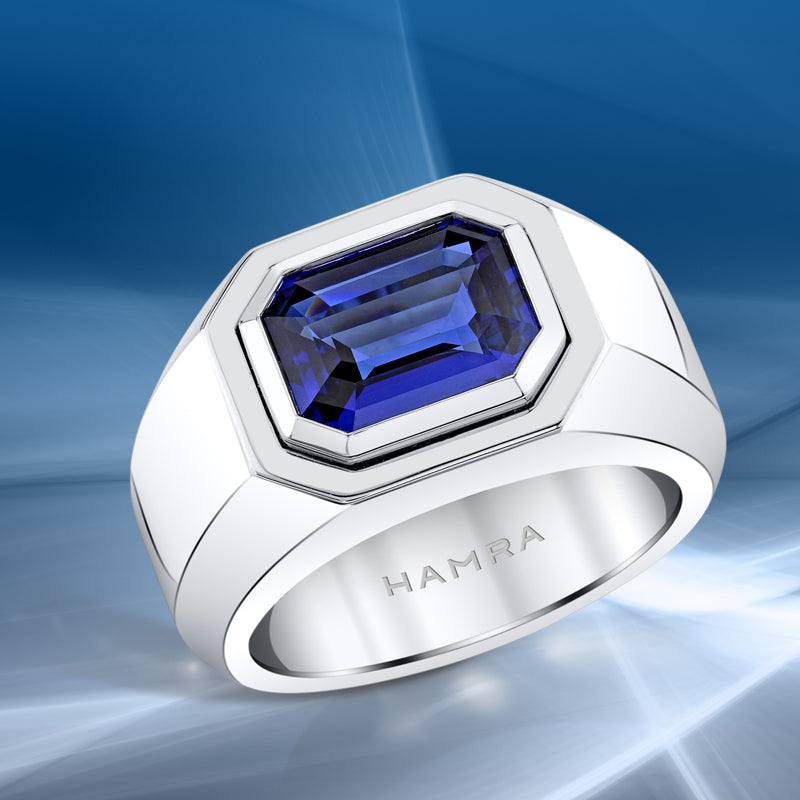 mens ring with sapphire center stone in white gold
