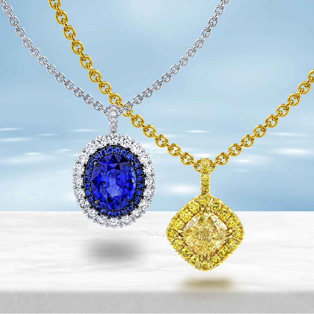 Two necklaces with white diamonds, yellow diamonds and sapphire.