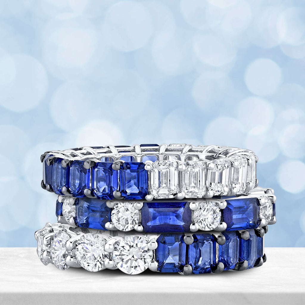 Three diamond and sapphire wedding eternity bands