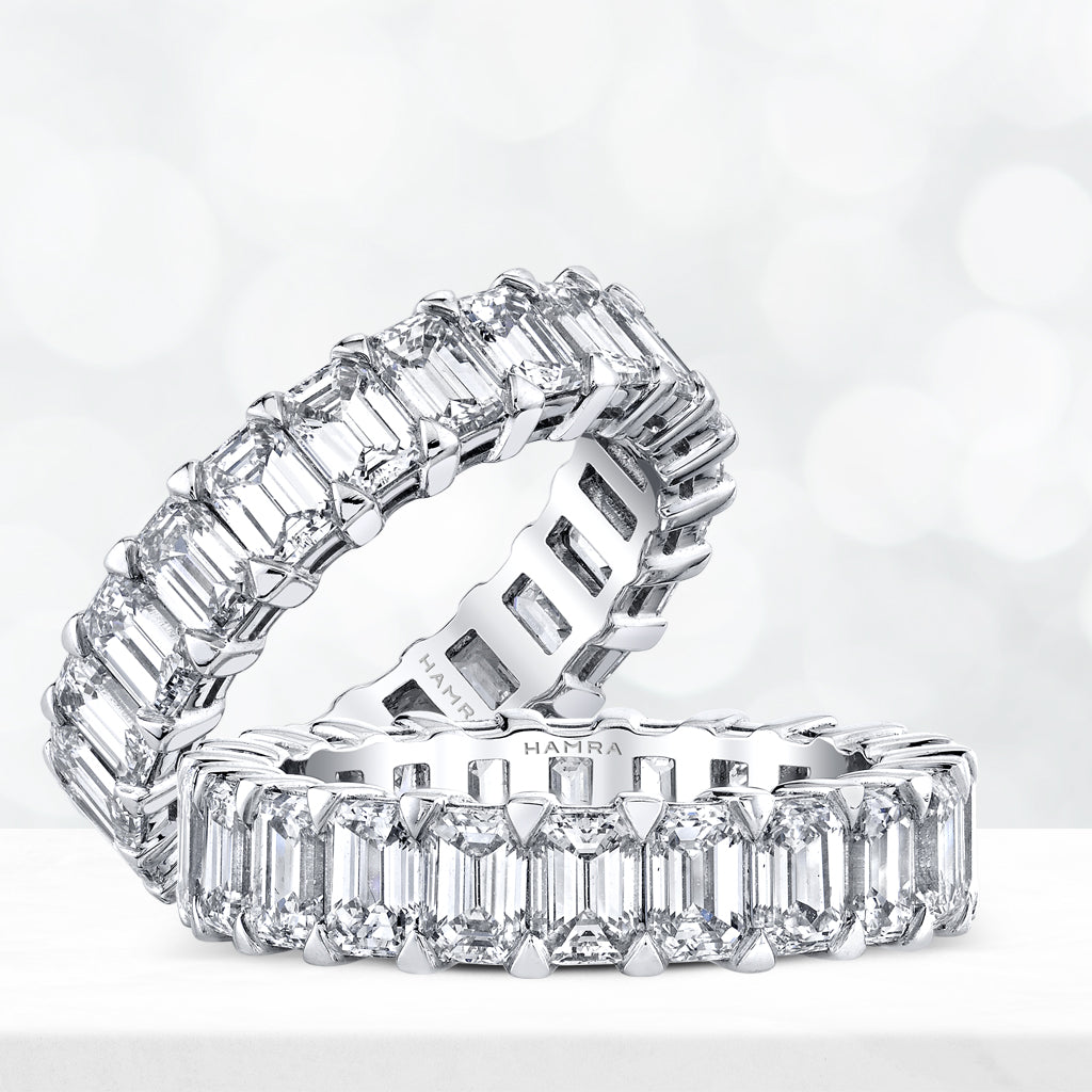 Two eternity wedding bands with emerald cut diamonds