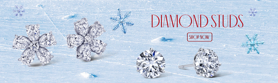 Diamond stud earrings at Hamra Jewelers. Two pairs of diamond studs in a holiday image