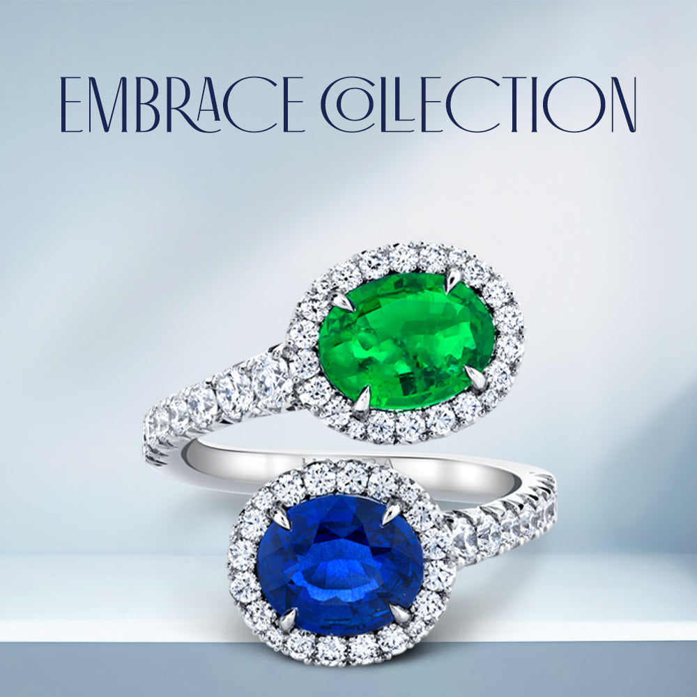 SAPPHIRE, EMERALD AND DIAMOND EMBRACE RING
