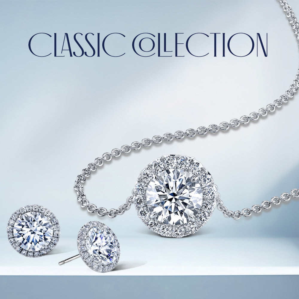 ROUND DIAMOND NECKLACE WITH HALO AND MATCHING STUD EARRINGS WITH DIAMONDS AND HALO