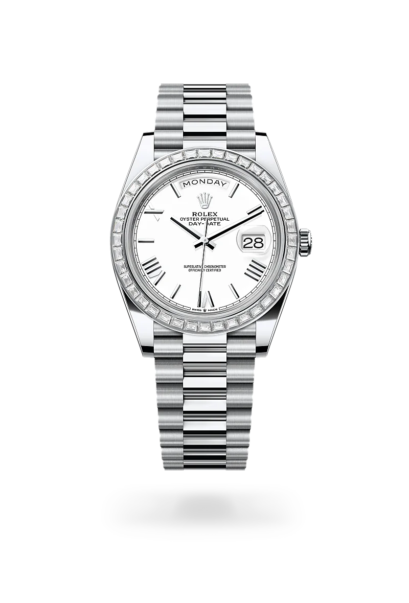 Rolex Day-Date 40 in Oyster, 40 mm, platinum and diamonds