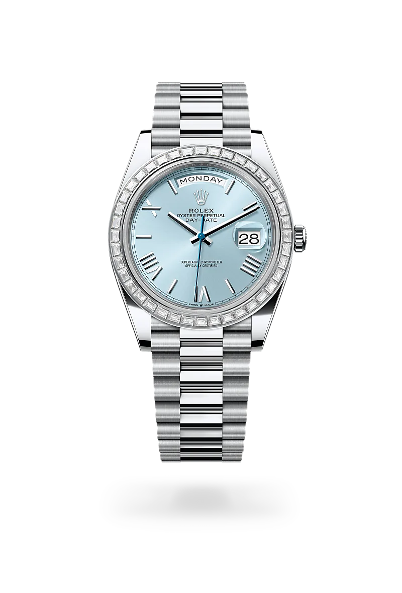Rolex Day-Date 40 in Oyster, 40 mm, platinum and diamonds