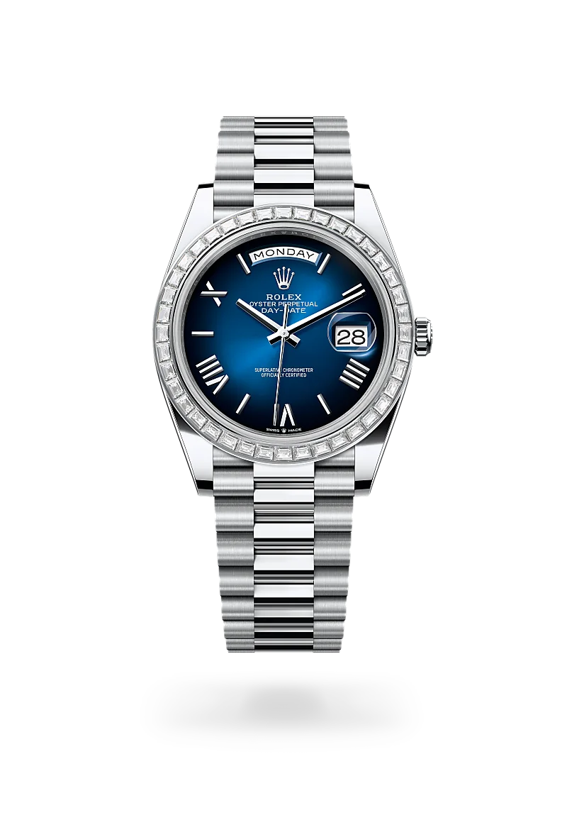 Rolex Day-Date 40 in Oyster, 40 mm, platinum and diamonds