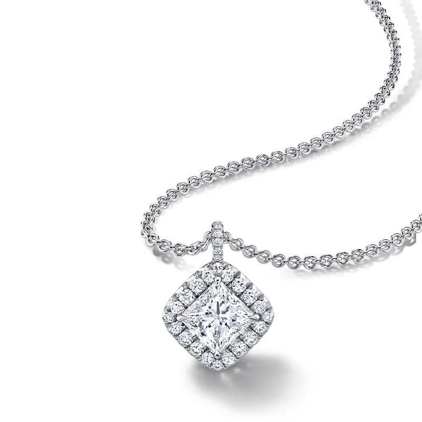 Custom made necklace featuring a 1.51 carat princess cut center diamond with .52 carats total weight in round brilliant cut diamonds set in platinum with an adjustable platinum chain.  16-18