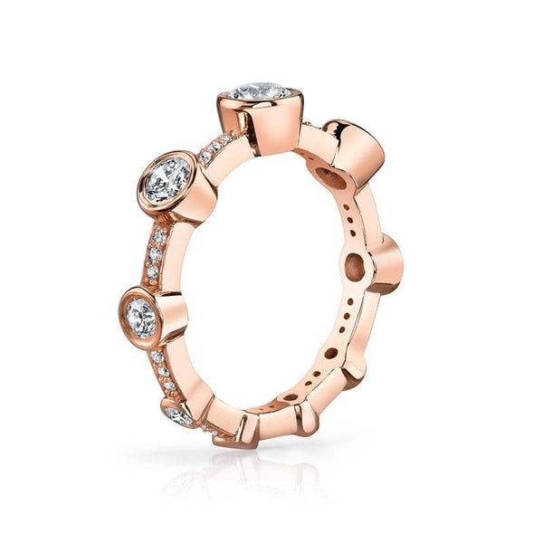 Diamond band featuring 1.06 carats total weight in round brilliant cut diamonds, bezel and bead set in 18k rose gold.  Stackable and interchangeable also available in 18k yellow & 18k white gold.