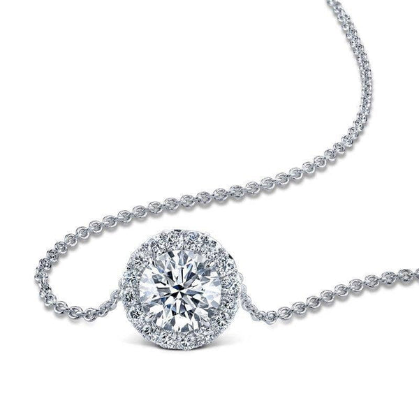 Hand crafted necklace featuring a 2 50 carat round brilliant cut diamond with .49 carats total weight in accent diamonds set in platinum.