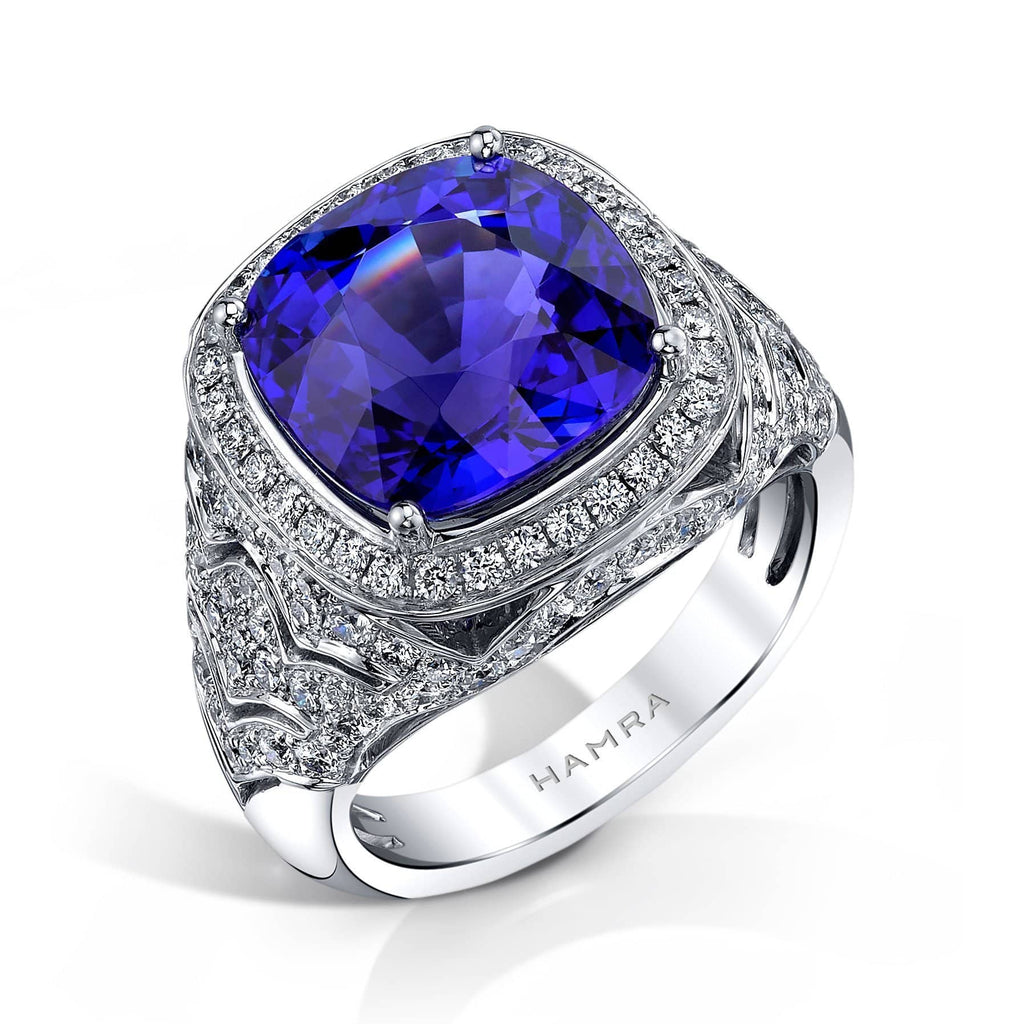 2 Carat Cushion Tanzanite Diamond 3 Stone Engagement Ring