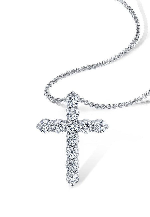 Custom made diamond cross featuring 2.84 carats total weight in diamonds in a platinum setting with a 1.8mm round cable chain adjustable from 16-18