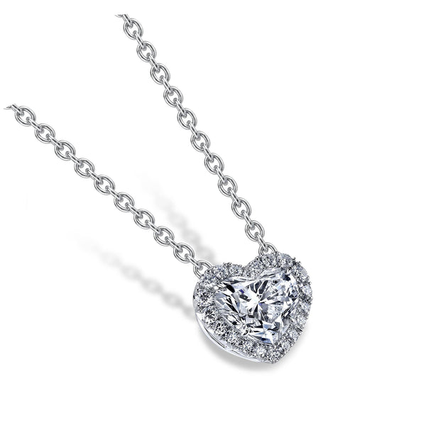 Hand crafted necklace featuring a 1.00 carat heart shaped diamond center with .18 carats total weight in round brilliant cut accent diamonds set in platinum with a 1.8 mm round cable chain with lobster clasp adjustable from 16
