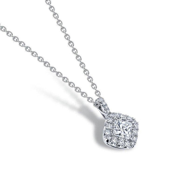 Custom made necklace featuring a .77 carat center princess cut diamond surrounded by .31 carats total weight in round brilliant cut accent diamonds set in platinum.