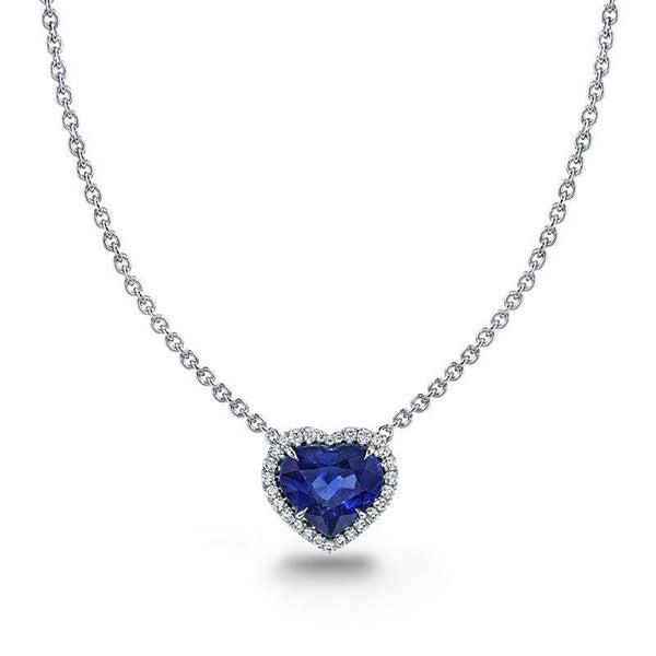 Custom made necklace featuring a 2.38 carat heart shaped sapphire center with .16 carats total weight in round brilliant cut diamond accents set in platinum with a 1.5mm round cable chain.
