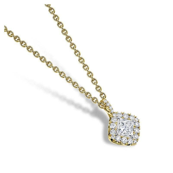 Custom made necklace featuring a .75 carat princess cut diamond with .32 carats total weight in round brilliant cut accent diamonds set in 18k yellow gold including a 1.6mm round cable chain in 18k yellow gold.