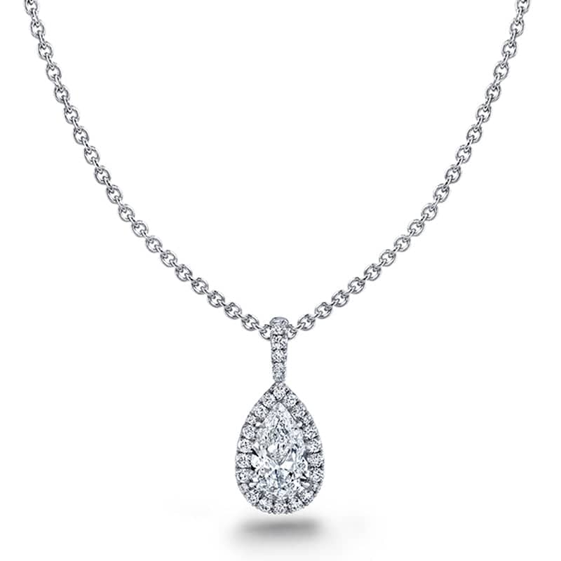 Custom made necklace featuring a 1.01 carat pear shaped center diamond with .17 carats total weight in accent diamonds set in platinum with a 16",1.5mm round platinum cable chain.