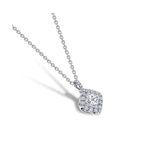 Custom made necklace featuring a .50 carat princess cut center diamond with .39 carats total weight in round brilliant cut diamond accents set in platinum with an adjustable platinum chain.  16-18