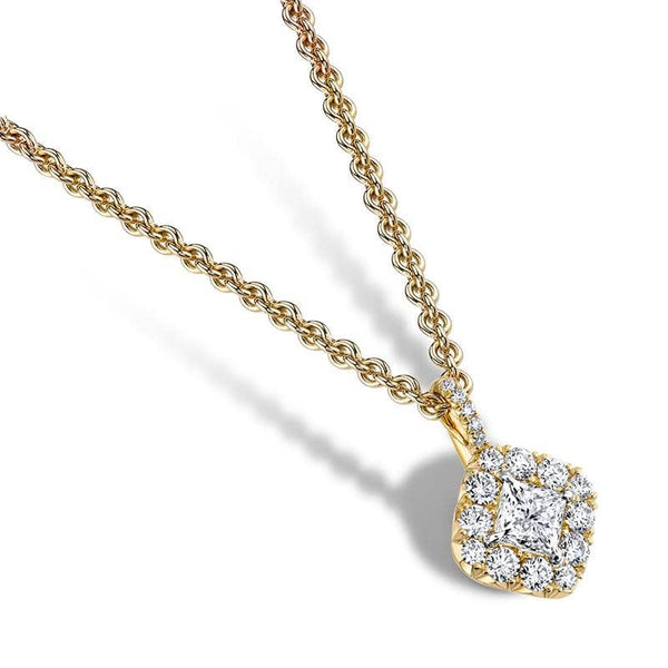 Custom made necklace featuring a .50 carat princess cut center diamond with .39 carats total weight in round brilliant cut accent diamonds set in 18k yellow gold with an 18k yellow gold 16
