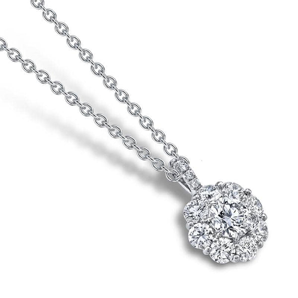 Hand crafted cluster necklace featuring a .76 carat round brilliant cut diamond center stone with 1.31 carats total weight in round brilliant cut accent diamonds set in platinum with an adjustable 16 - 18