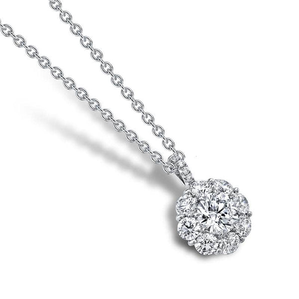 Custom made cluster necklace featuring a 1.21 carat round brilliant cut center diamond with 1.53 carats total weight in round brilliant cut accent diamonds set in platinum with an adjustable 16-18