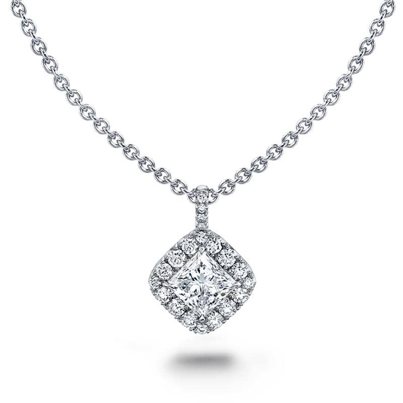 Custom made necklaces featuring a 2.00 carat princess cut diamond with .38 carats total weight in round brilliant cut accent diamonds set in platinum with an adjustable 16-18" round platinum cable chain.