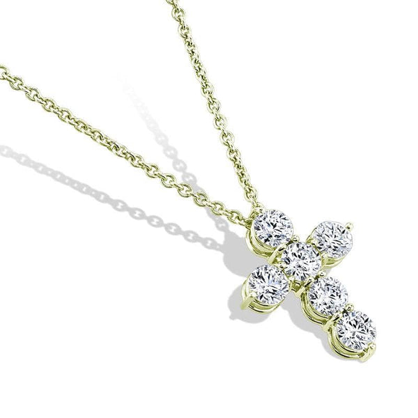 Custom made six diamond cross featuring 3.00 carats total weight in round brilliant cut diamonds set in 18k yellow gold with a 1.8mm round adjustable cable chain.