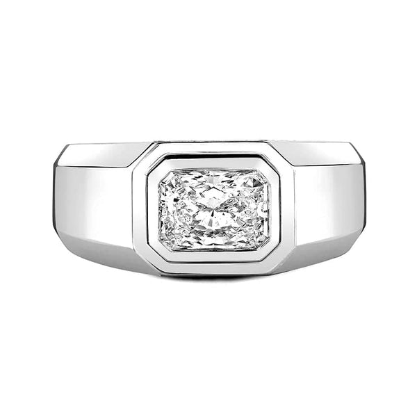 Men's ring featuring a 2.00 carat bezel set radiant cut diamond set in platinum.