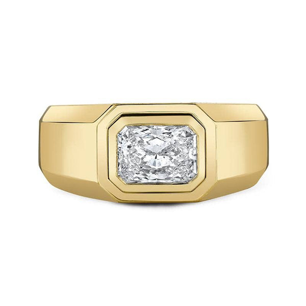 Men's ring featuring a bezel set 2.00 carat radiant cut diamond set in 18k yellow gold.