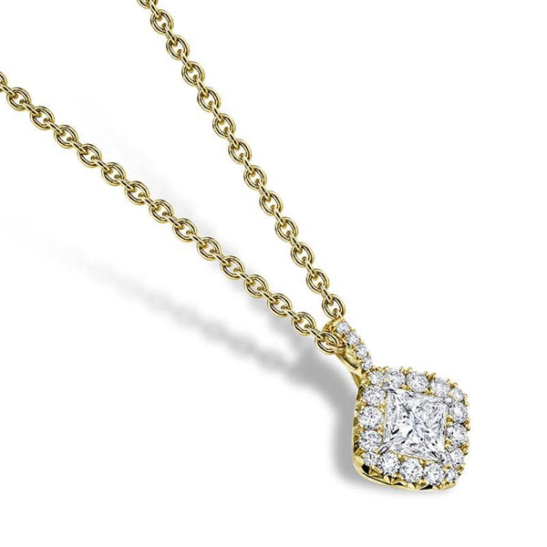 Hand crafted diamond necklace featuring a 2.44 carat princess cut center diamond and .47 carats total weight in round brilliant cut diamond accents set in 18k yellow gold with a 1.8mm round cable chain.e