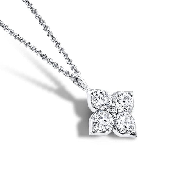 Custom made flower necklace featuring 2.04 carats total weight in round brilliant cut diamonds set in platinum with a 16-18