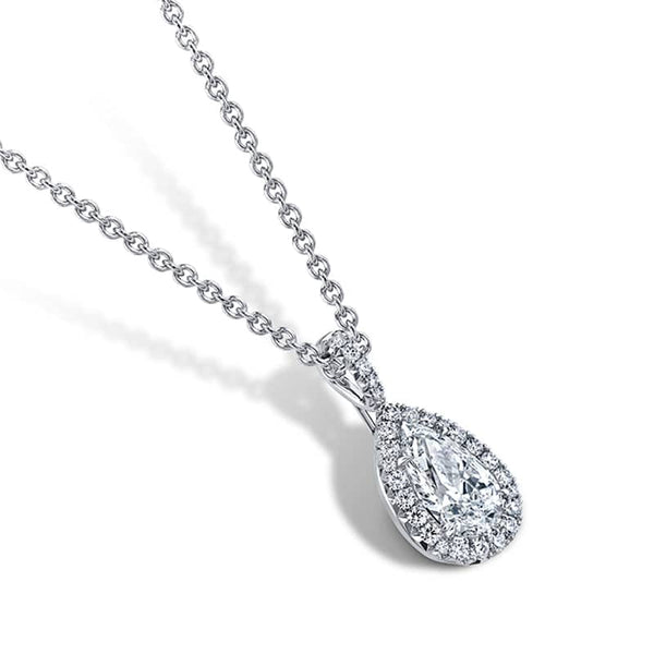 Custom hand crafted necklace featuring a 2.01 carat pear shaped diamond center with .27 carats total weight in round brilliant cut accent diamonds set in platinum with an adjustable 16 - 18