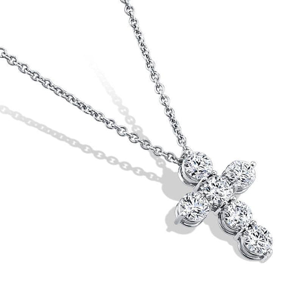 Custom made six diamond cross featuring 3.00 carats total weight in round brilliant cut diamonds set in platinum with a 1.3mm round adjustable cable chain.