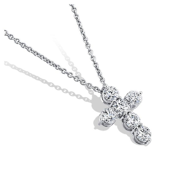 Custom made six diamond cross featuring 2.10 carats total weight in round brilliant cut diamonds set in platinum with a 1.5mm round platinum adjustable cable chain.