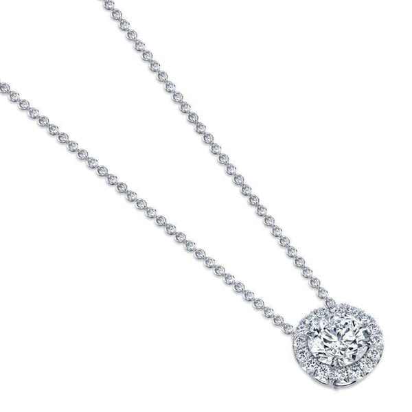 Hand crafted necklace featuring a 2.00 carat round brilliant cut diamond center stone surrounded by .37 carats total weight in accent diamonds set in platinum.
