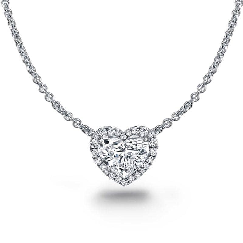Hand crafted necklace featuring a 3.00 carat heart shaped diamond center with .28 carats total weight in round accent diamonds set in platinum including a 1.9 round cable chain with lobster clasp.