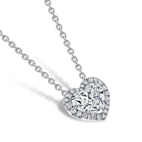 Hand crafted necklace featuring a 3.00 carat heart shaped diamond center with .28 carats total weight in round accent diamonds set in platinum including a 1.9 round cable chain with lobster clasp.